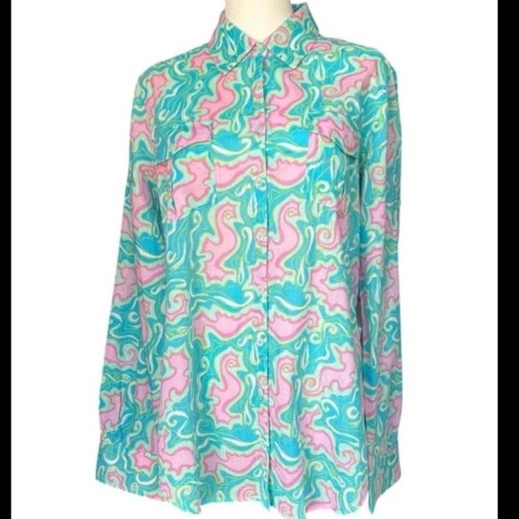 Lilly Pulitzer Resort fit button down 100% Cotton Seahorse Preppy Pink Green M - Picture 3 of 11